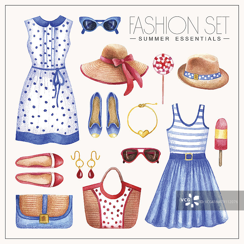 时尚水彩女人'的服装与裙子，帽子，包和鞋子图片素材