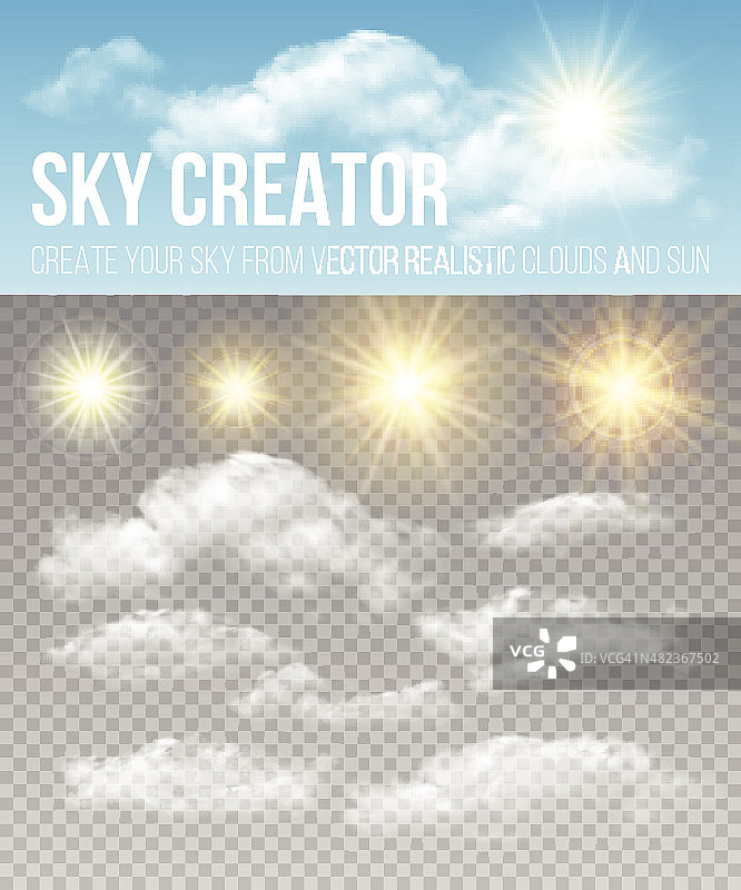 天空的创造者。设置真实的云彩和太阳。矢量图图片素材