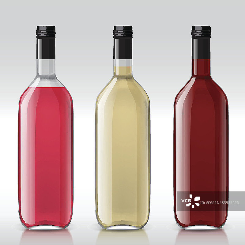 一套透明的瓶子为不同的葡萄酒图片素材