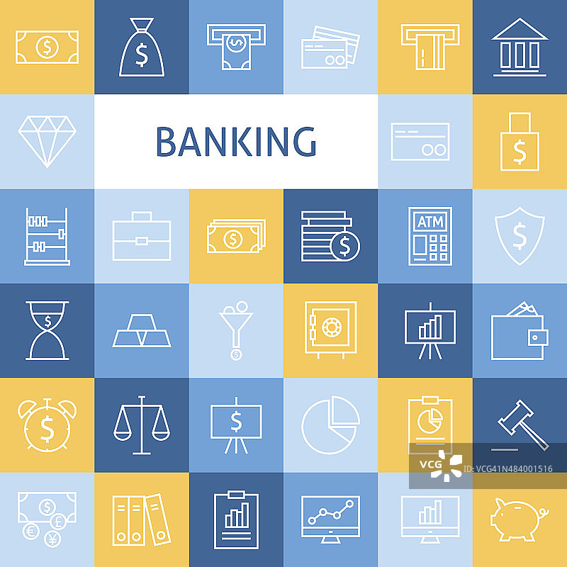 矢量平面线艺术现代货币金融和银行图标图片素材