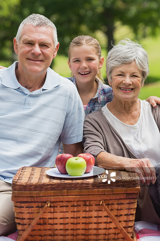 微笑的老夫妇和孙女带着野餐篮在公园里图片素材