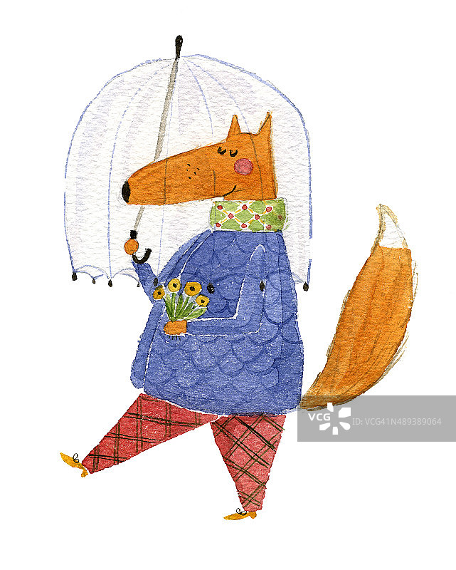 狐狸与伞水彩插图图片素材