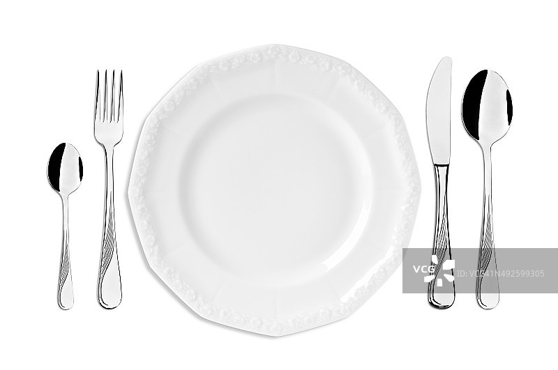 空优雅的餐盘，餐具孤立在白色背景上图片素材
