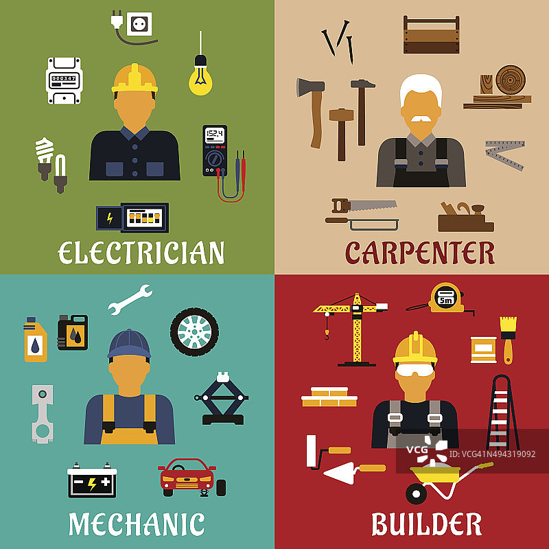 建造者，电工，机械师和木匠的图标图片素材