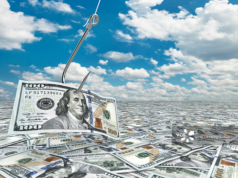 cloudscape上的美元和鱼钩。金融概念. .图片素材