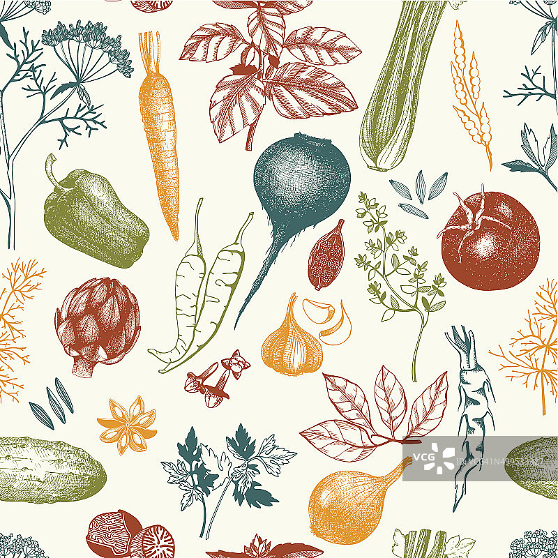 矢量无缝图案用墨水手绘蔬菜图片素材