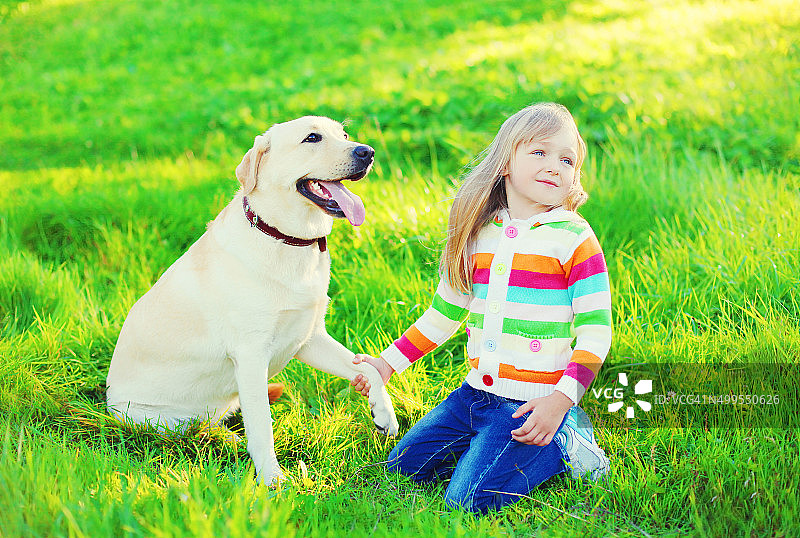 快乐的孩子和拉布拉多寻回犬在夏天的草地上图片素材