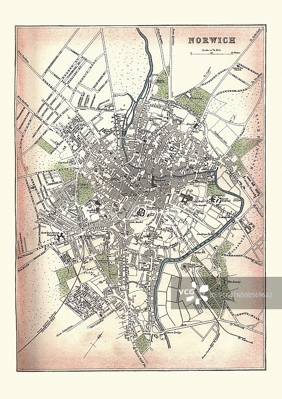 诺里奇古地图，英格兰，1880年图片素材