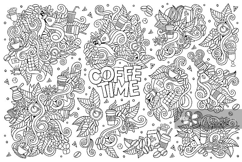 矢量咖啡手绘涂鸦卡通对象集图片素材