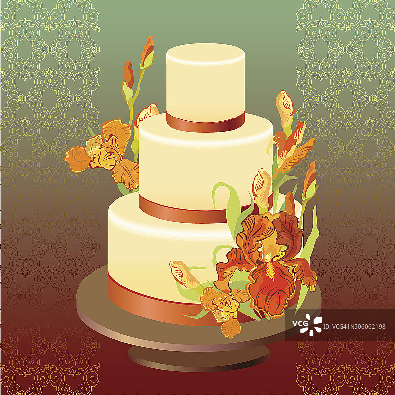 婚礼蛋糕与红色鸢尾花设计。矢量插图。图片素材
