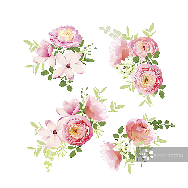 婚礼花束以玫瑰、玉兰、毛茛矢量设计元素图片素材
