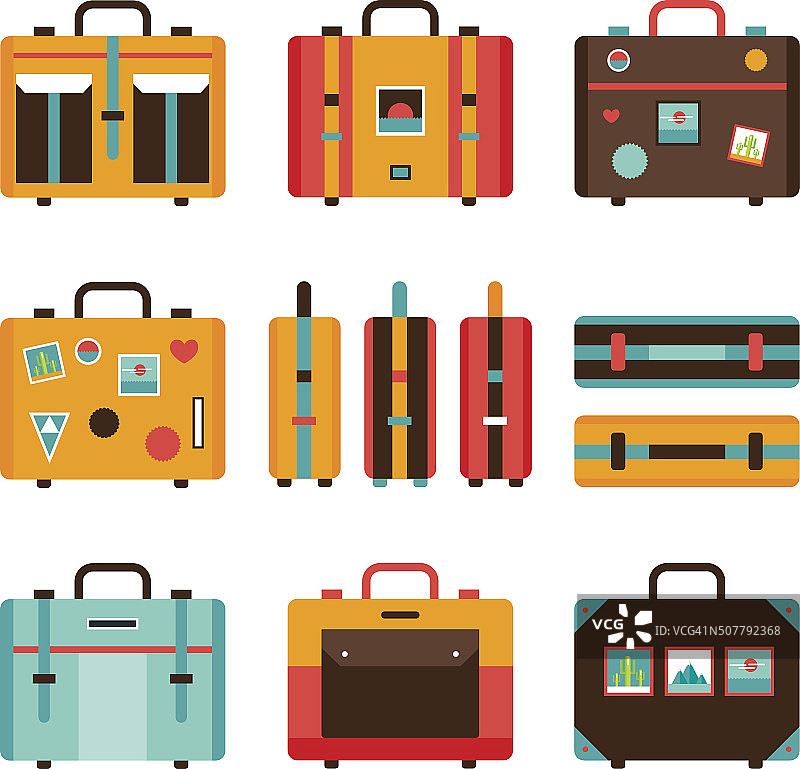 旅行包图标设置多彩的手提箱集合图片素材