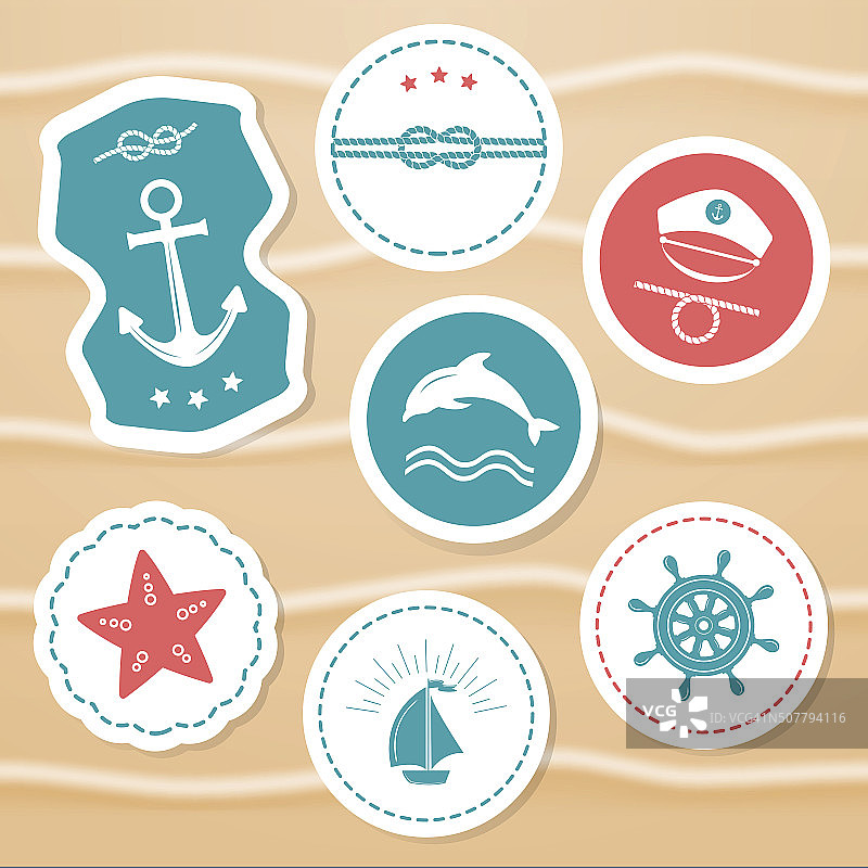 航海和海洋图标，徽章和标签。图片素材