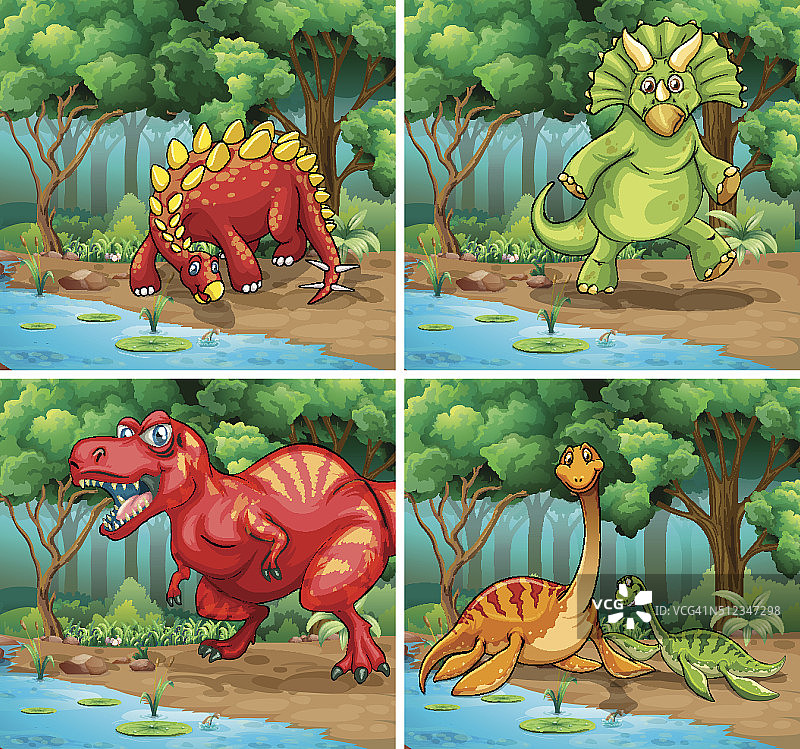 公园里有四个恐龙场景图片素材