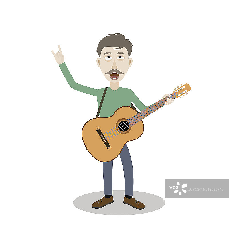 男人一边唱歌一边弹吉他。矢量插图。图片素材