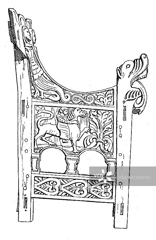 装饰华丽的中世纪斯堪的纳维亚木椅的古董插图图片素材