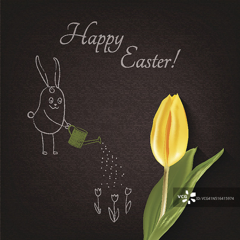 带有郁金香和兔子的复活节快乐卡片图片素材