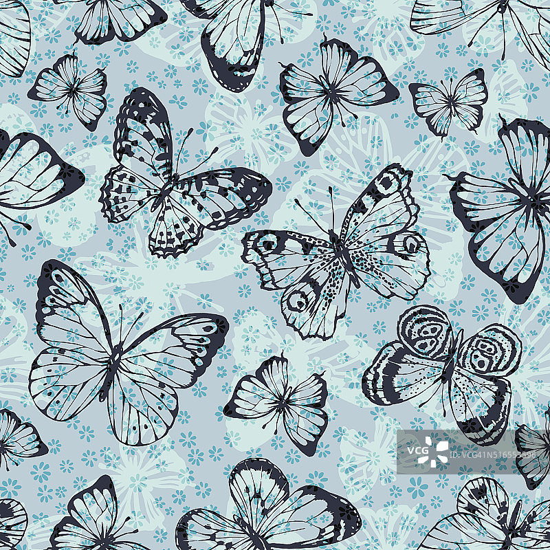 矢量无缝图形手绘蝴蝶图案与花图片素材