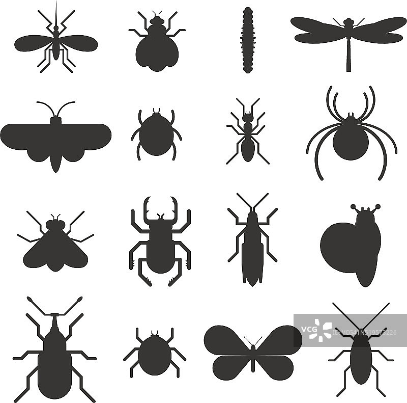 昆虫图标黑色剪影平面设置孤立的白色背景图片素材