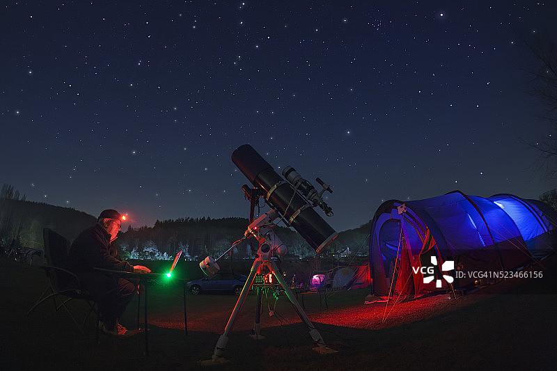 一个业余天文学家在赫里福德郡的一个恒星派对上。图片素材