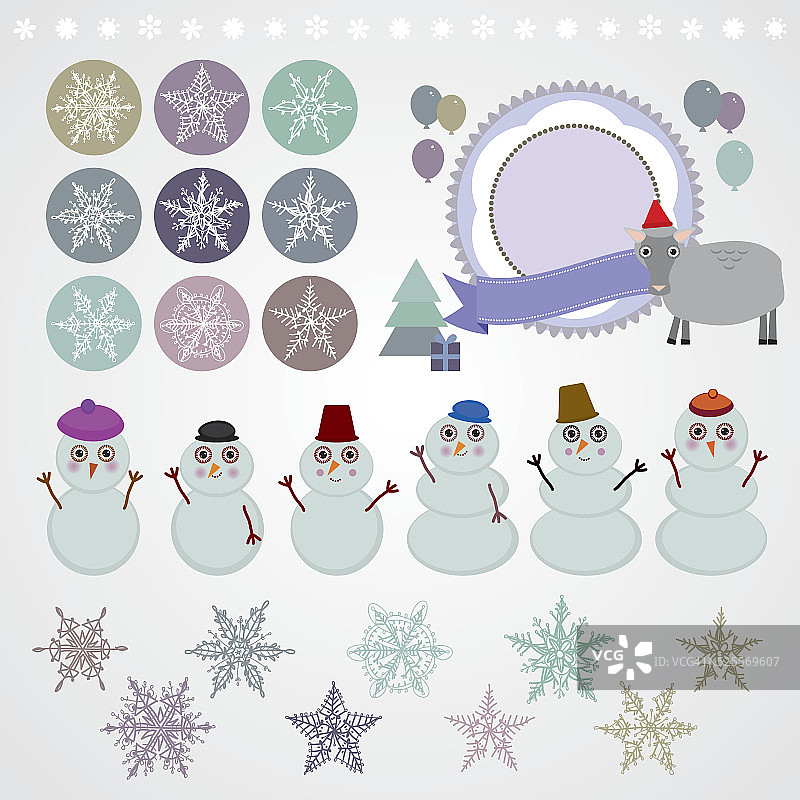字集新年雪花、雪人、绵羊、圣诞树、礼物。图片素材