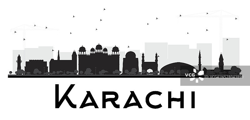 卡拉奇城市天际线黑白轮廓。图片素材