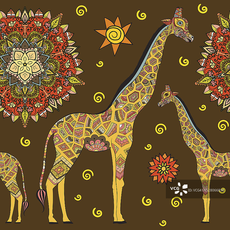 手绘无缝图案:观赏动物非洲长颈鹿。图片素材