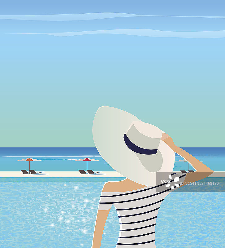 戴宽边帽的女人正在欣赏大海。图片素材