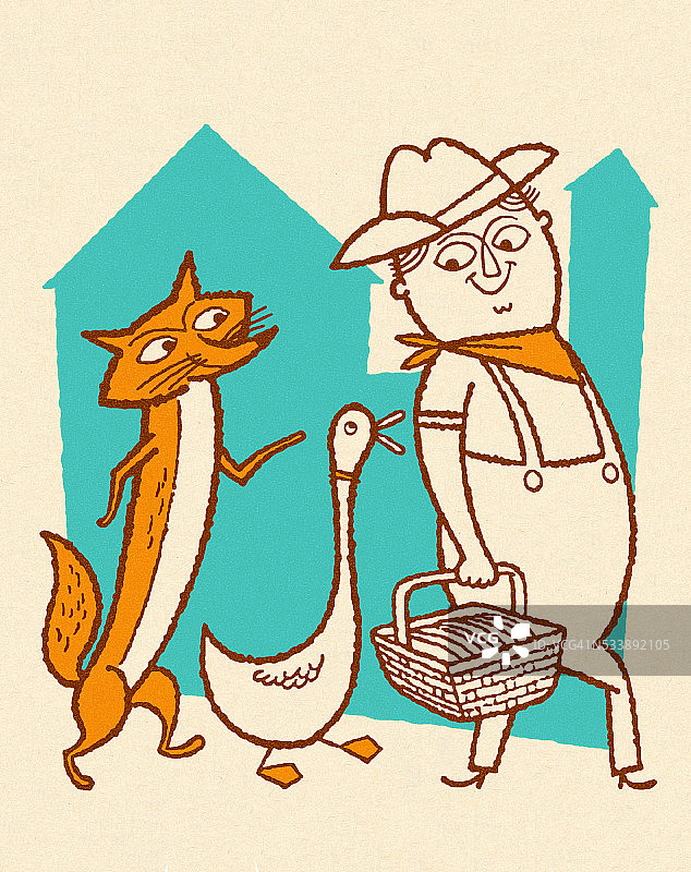 走在农夫后面的狐狸和鸭子图片素材