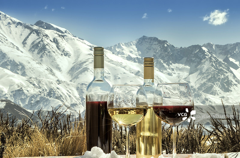 阿尔卑斯山脚下的红白葡萄酒图片素材