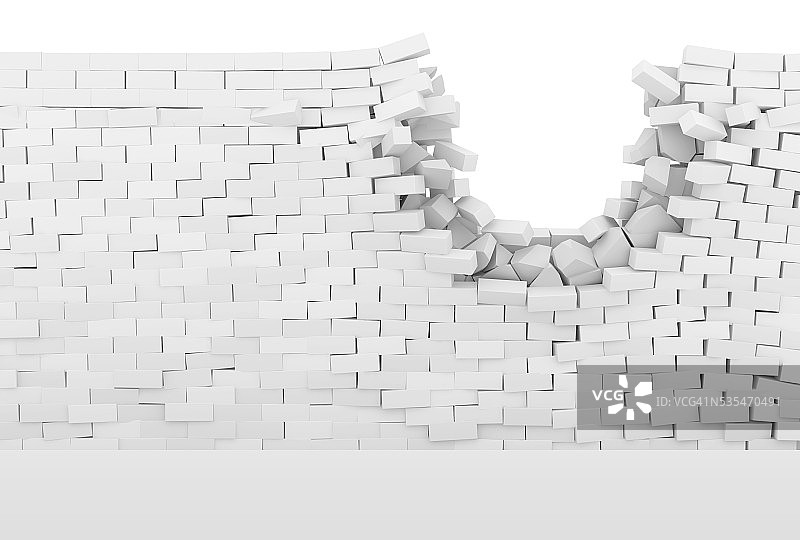 破碎的砖墙孤立在白色背景上图片素材