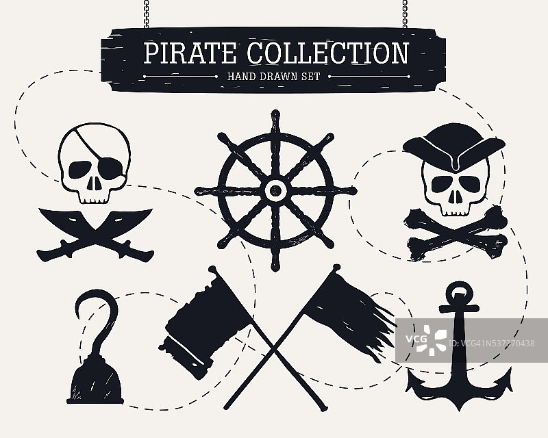 手绘海盗收集的元素在黑色的背景。图片素材