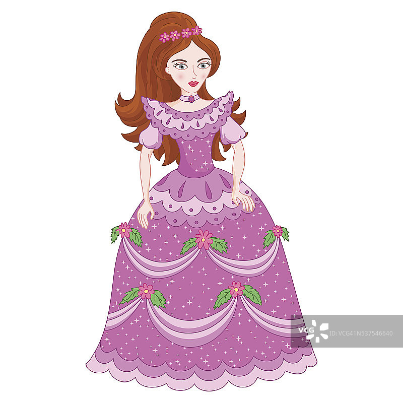 美丽的褐发公主在亮紫丁香或粉红色的插图图片素材