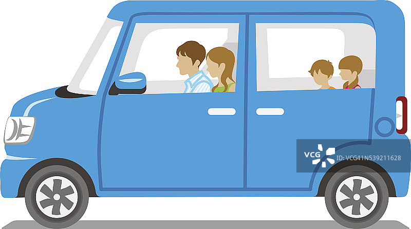 一家人骑着蓝色的车，侧视图-孤立图片素材