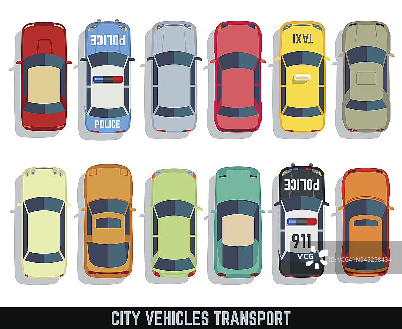 汽车顶视图矢量平面城市车辆运输图标设置图片素材