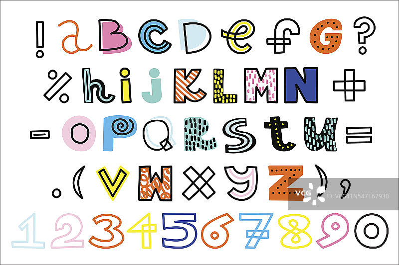 矢量手绘字母和数字。时髦的颜色图片素材
