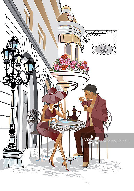 男人和女人坐在一起喝咖啡。图片素材