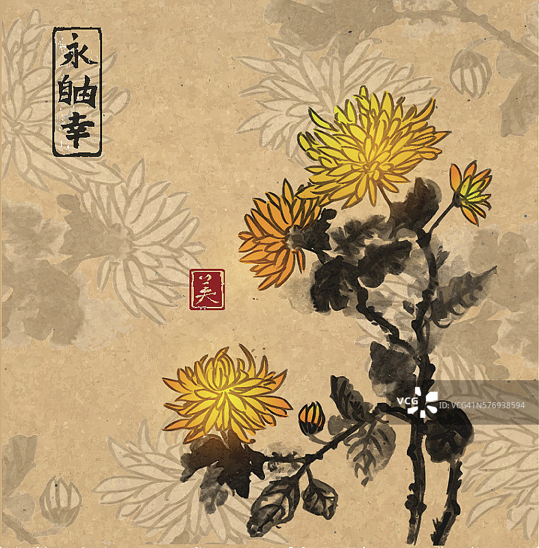 菊花在vintage背景上。传统东方水墨画图片素材