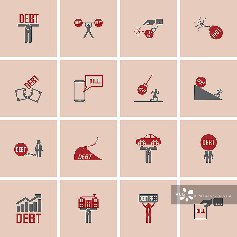 债务图标和金钱危机图标集图片素材