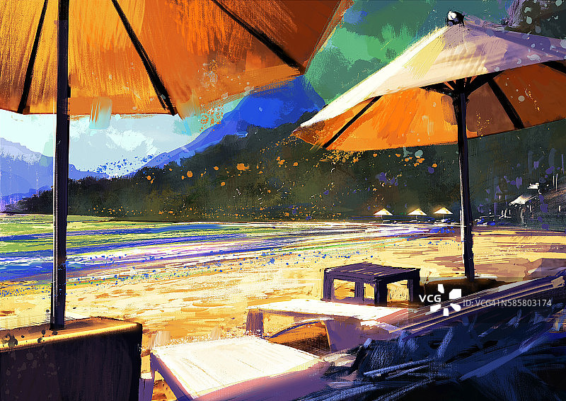 沙滩上的遮阳伞和躺椅图片素材