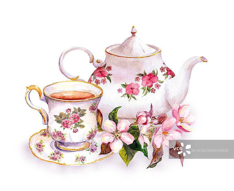 带花的茶杯和茶壶。古董水彩设计图片素材