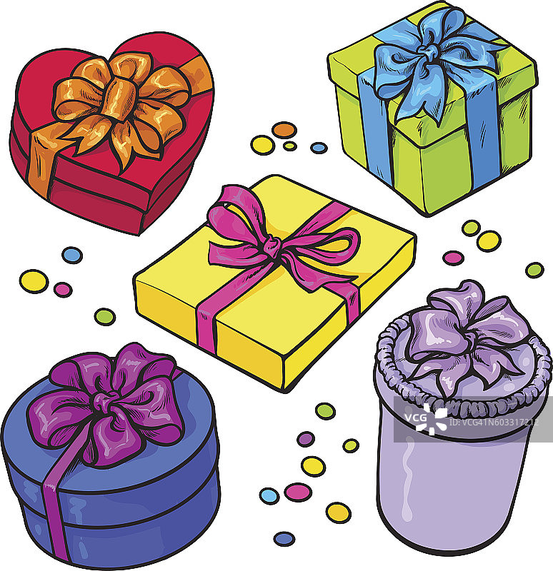 一套彩色礼品盒与蝴蝶结和丝带图片素材
