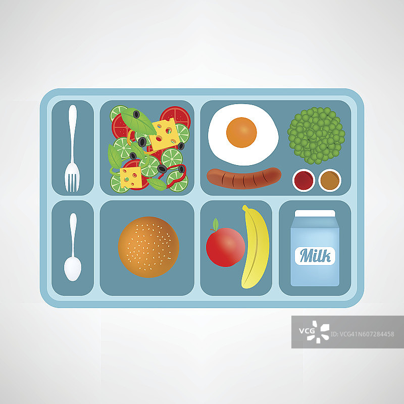 矢量插图。平的风格。学校午餐。为学生提供健康食品。图片素材