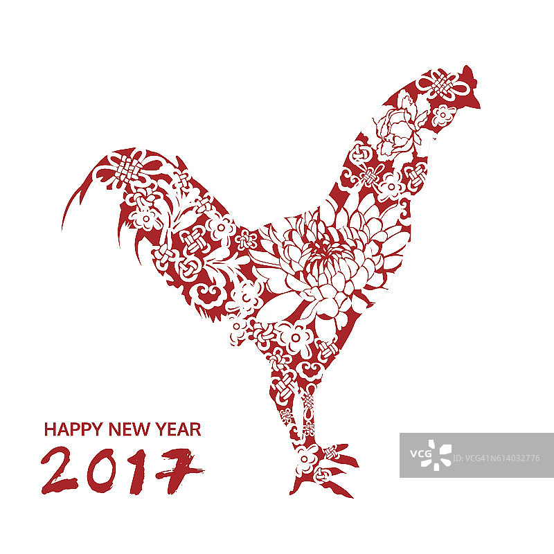 新年快乐，鸡带花，中式，向量卡图片素材