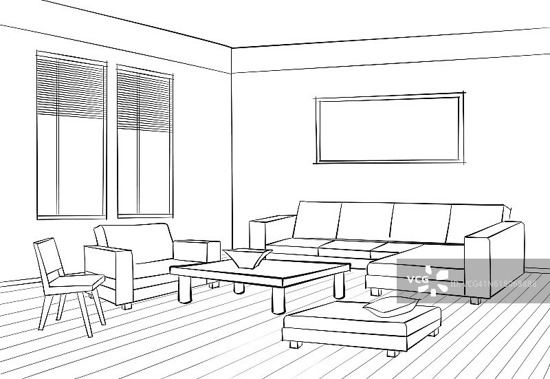 室内家具。客厅设计的涂鸦草图。图片素材