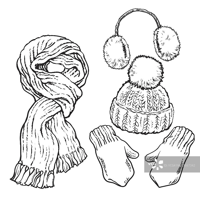 一套打结的围巾，帽子，耳套和手套图片素材