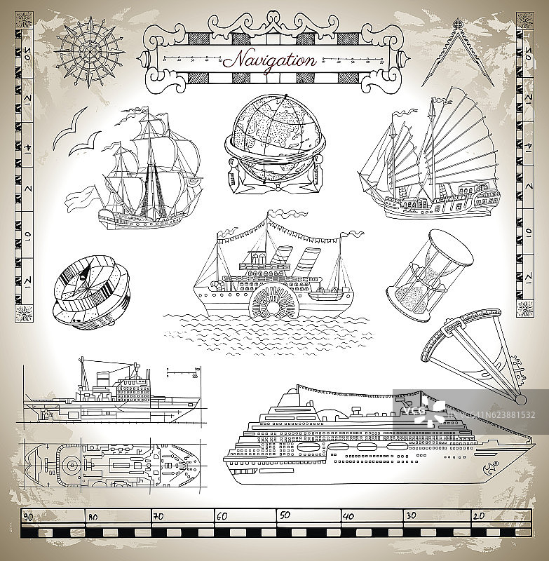 海洋设置与古老和现代船舶和海洋符号图片素材