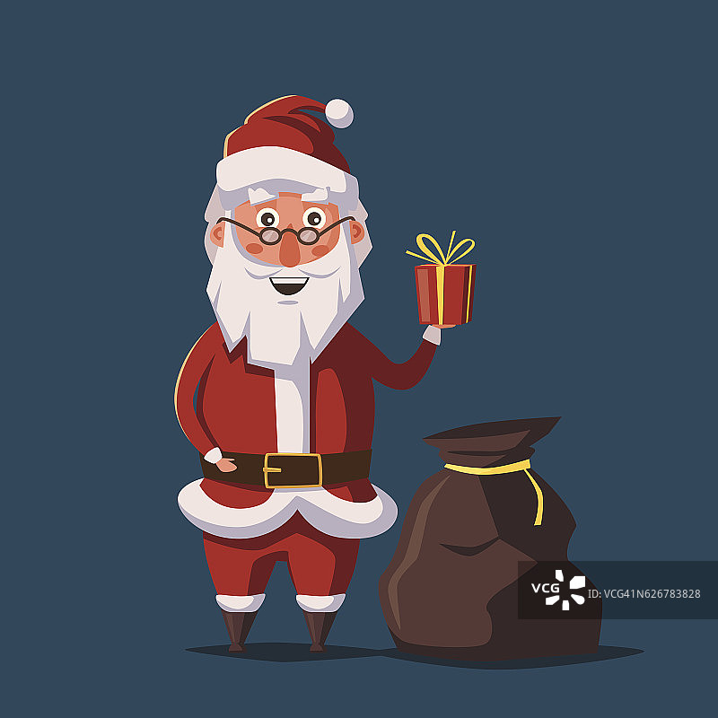 滑稽的圣诞老人手里拿着礼物。卡通矢量插图。图片素材