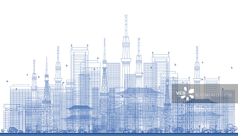 蓝色城市摩天大楼和电视塔的轮廓。图片素材