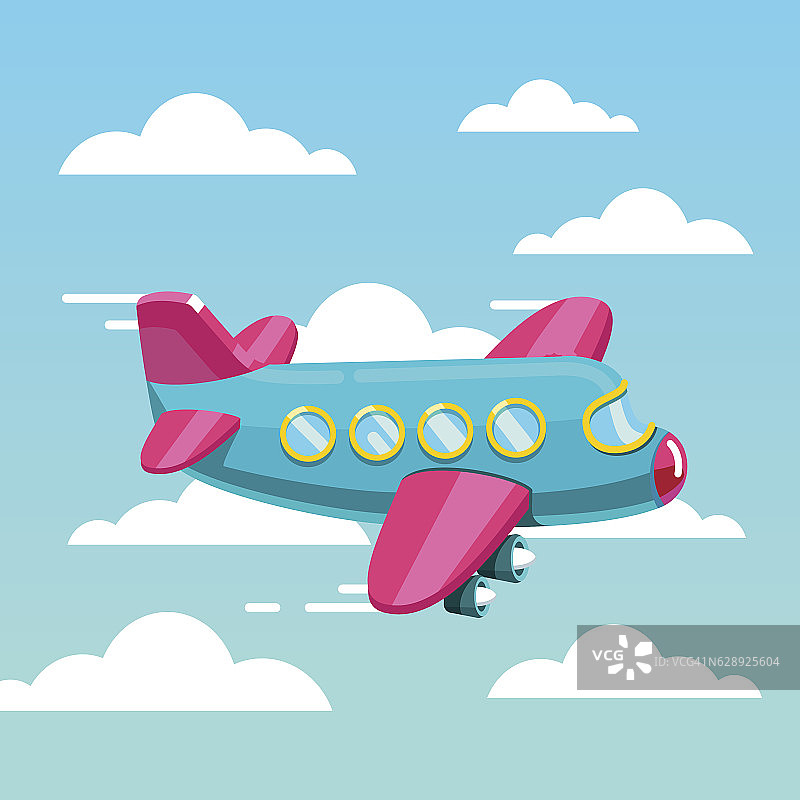 可爱的漫画飞机飞机在天空中快速飞行图片素材